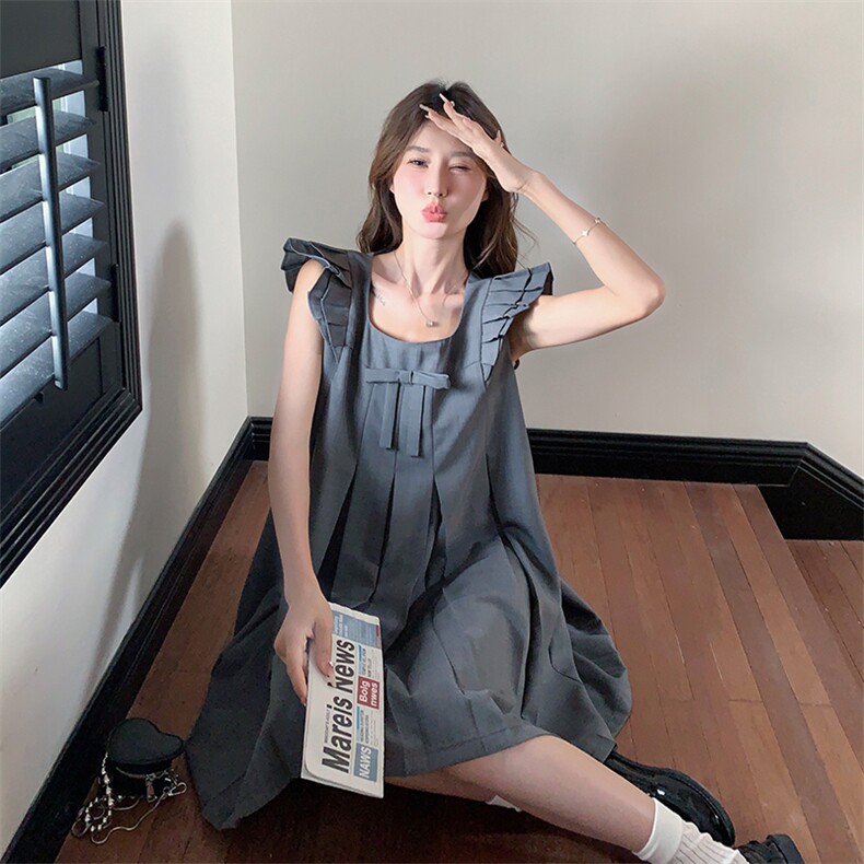 高级感灰色飞飞袖娃娃裙女2025夏季新款洋气减龄蝴蝶结设计连衣裙图片