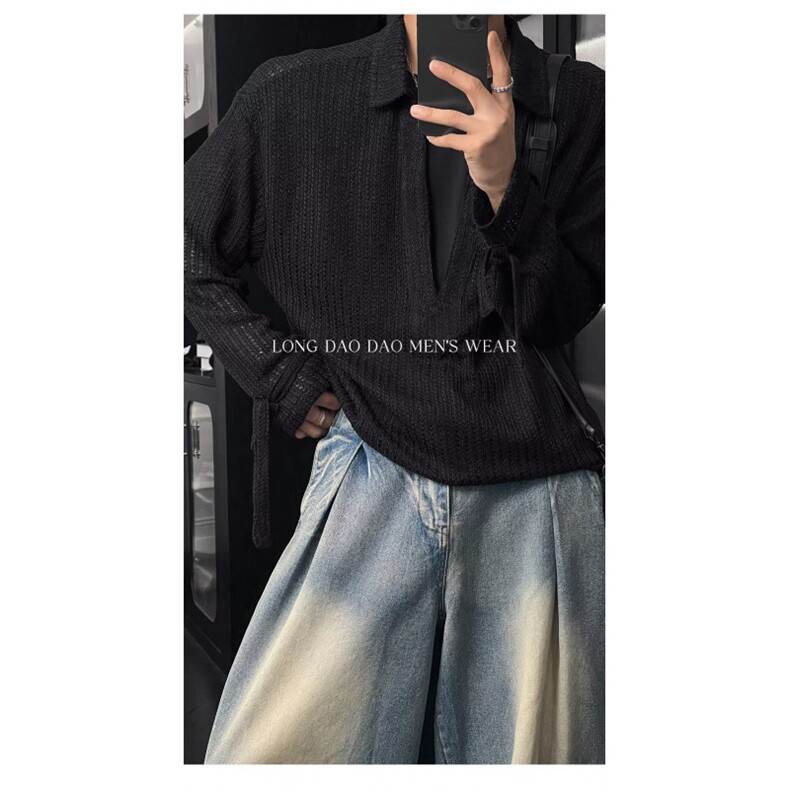 美式cityboy半高V领卫衣男高端灯芯绒polo衫坑条翻领长袖t恤,男装Polo衫,四季星座505
