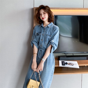 牛仔连衣裙女春夏2023年韩版修身薄款休闲显瘦ins港风衬衫裙潮,亮片黑裙怎么搭配图片