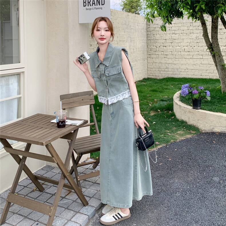盐系穿搭休闲牛仔套装裙女2025夏季新款复古气质马甲半身裙两件套,女装套装/套裙,2D078