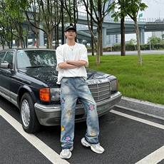 春秋新款花瓣刺绣牛仔裤设计感复古宽松百搭直筒裤，男装牛仔裤，星座410-7
