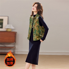 冬季新款加棉新中式立体刺绣花卉气质优雅立领盘扣马甲两件套裙女，女装套装/套裙，宝儿家
