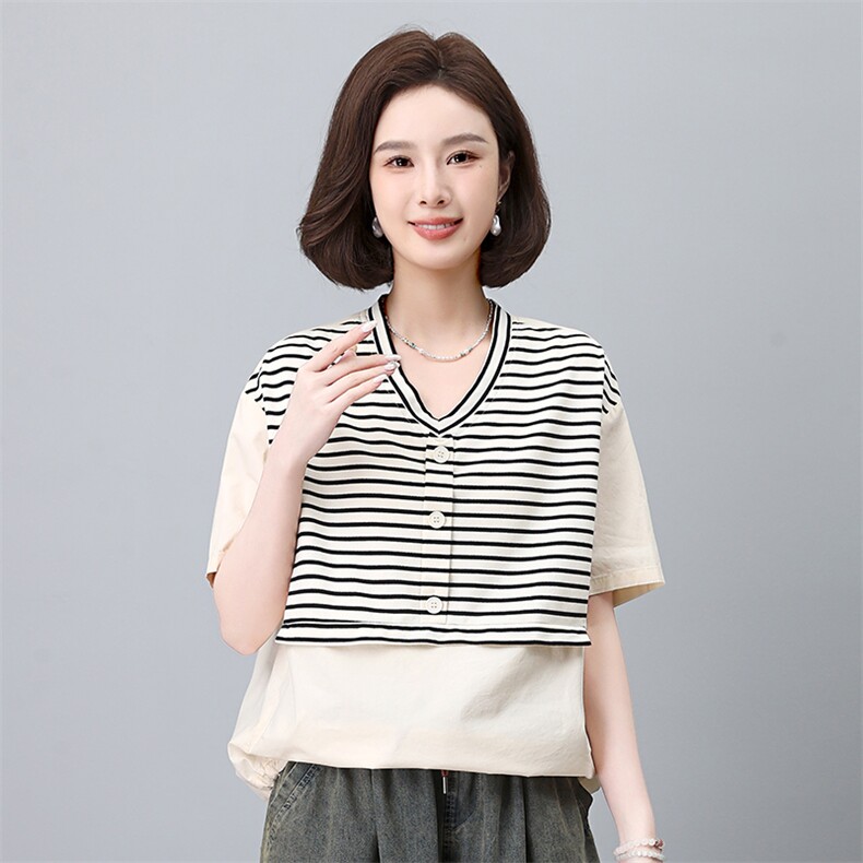 时尚条纹拼接短袖衬衫女宽松显瘦V领上衣夏季新款百搭休闲女装,女装衬衫,叶笙衣