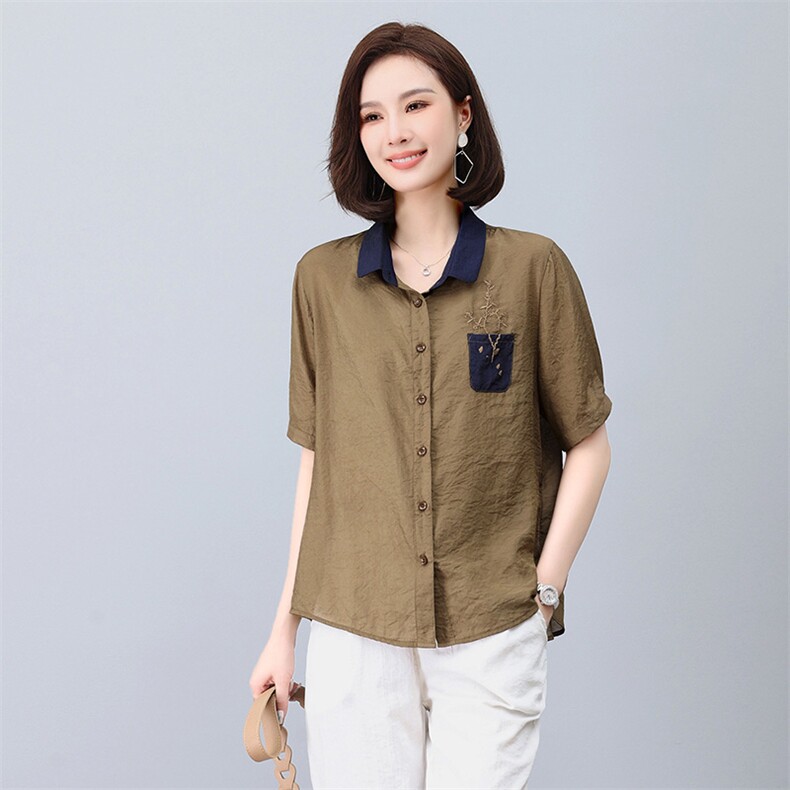 衬衫女夏季2023年新款时尚宽松气质小衫中年妈妈短袖绣花衬衫,女装衬衫,玛其路