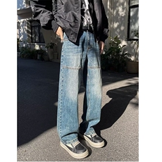 高街复古水洗牛仔裤男宽松做旧青少年微喇直筒阔腿裤子AM814P50，男装牛仔裤，星座1013-5