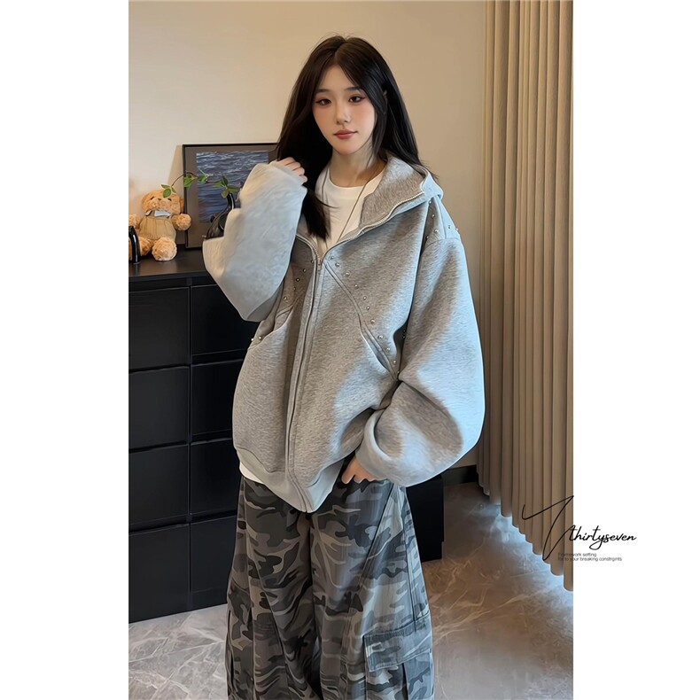 新款杜宾犬耳朵铆钉连帽卫衣宽松休闲外套513AKS2404P66,女装短外套,星座513A