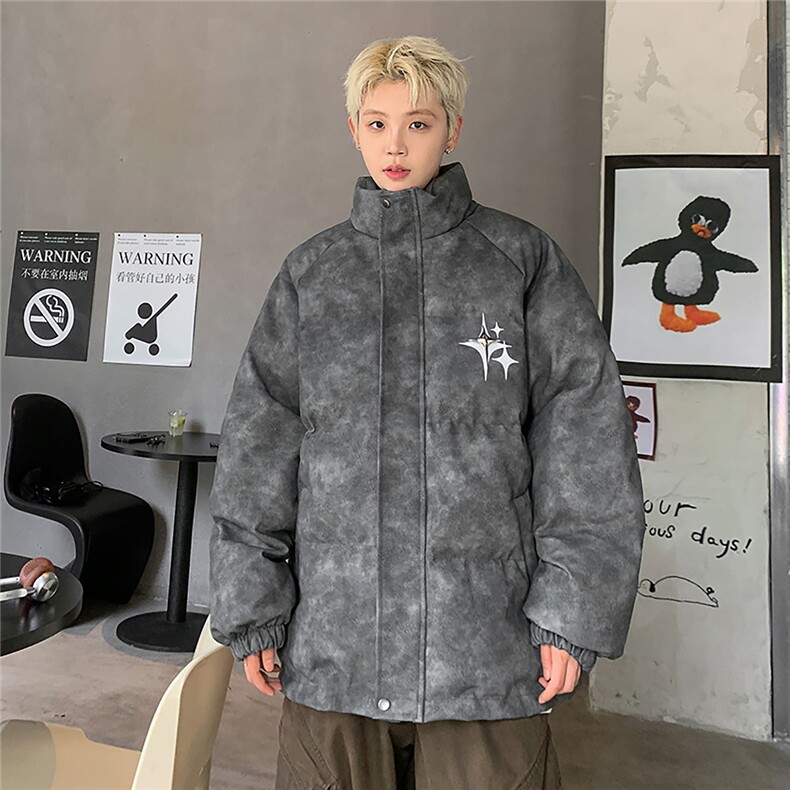 港风PU皮复古做旧可拆卸四芒星胸针设计棉衣男MY77721P128控168,男装棉衣,星座226-1