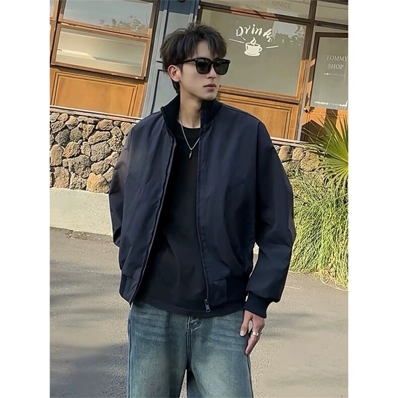 抖音得物美式潮休闲夹克春季立领纯色复古工装加厚棉服外套MF01,男装夹克,电商A443