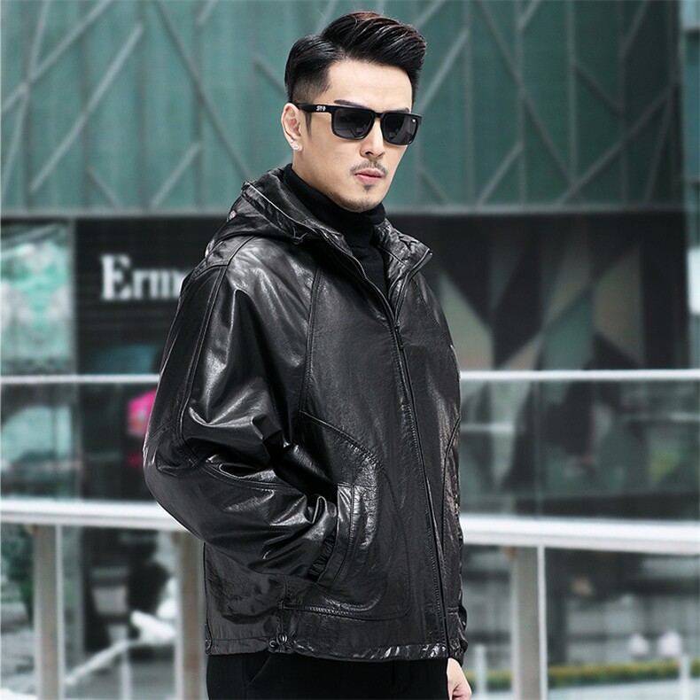 海宁男士真皮皮衣男油蜡牛皮外套阔版简约连帽夹克大码男装P780，男装夹克，电商B360A（原721A）