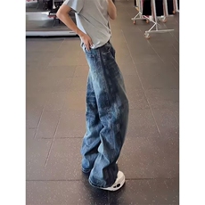 美式复古蓝做旧微喇牛仔裤男女2026新款显瘦显高百搭直筒裤，男装牛仔裤，四季星座505