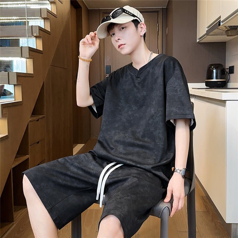 二开光版V领休闲运动套装男扎染男士套装潮流A266-ZRVLTZ002-P50,男装休闲套装,电商A266
