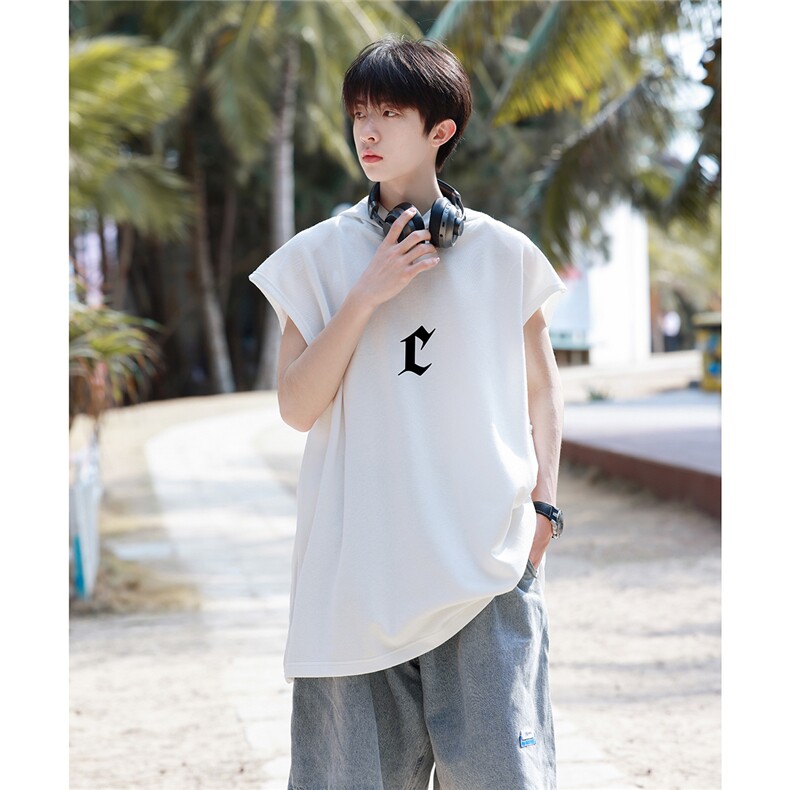 2025夏季新款简约创意字母C休闲男士无袖连帽背心T恤B11/P35控49,男装背心/马甲,电商A148