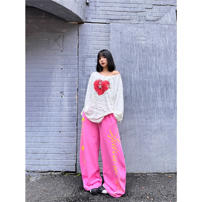 稚丑美式慵懒垂感粉色星星印花休闲长裤男女宽松抽绳阔腿街头卫裤,女装休闲裤,星座1210-1