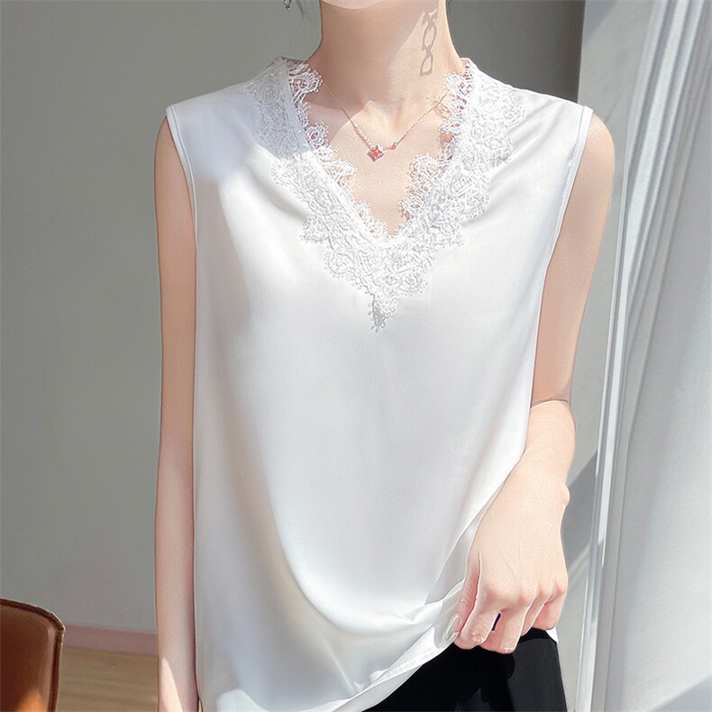蕾丝V领真丝缎面背心吊带女显瘦醋酸桑蚕丝2025年夏西装打底上衣，女装背心吊带，暖习羊绒