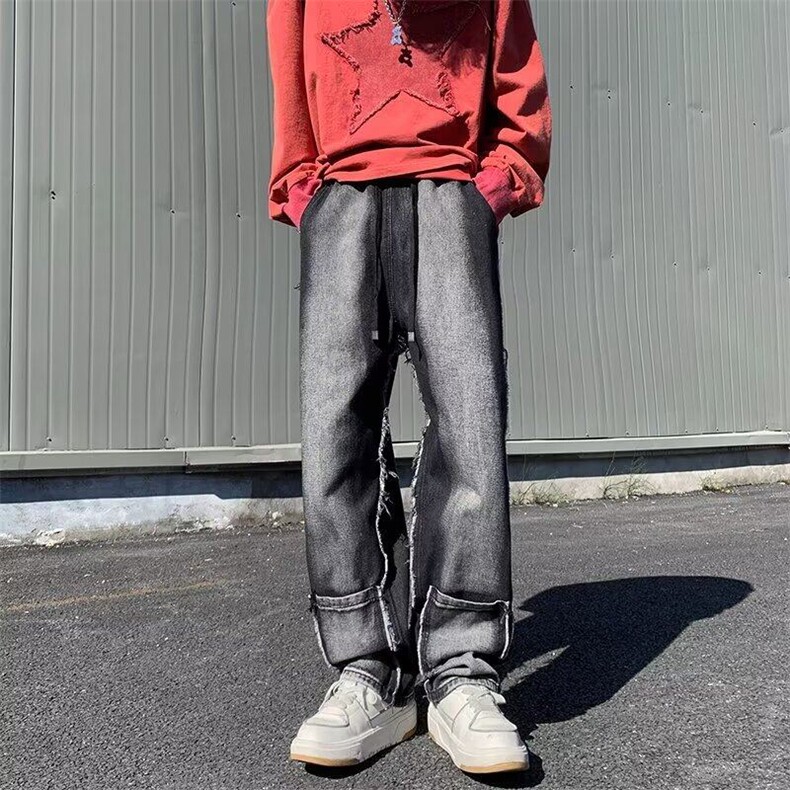 D1620-P50欧美高街vibe裤子水洗拼接黑灰色牛仔裤男款直筒滑板裤,男装牛仔裤,星座603-2