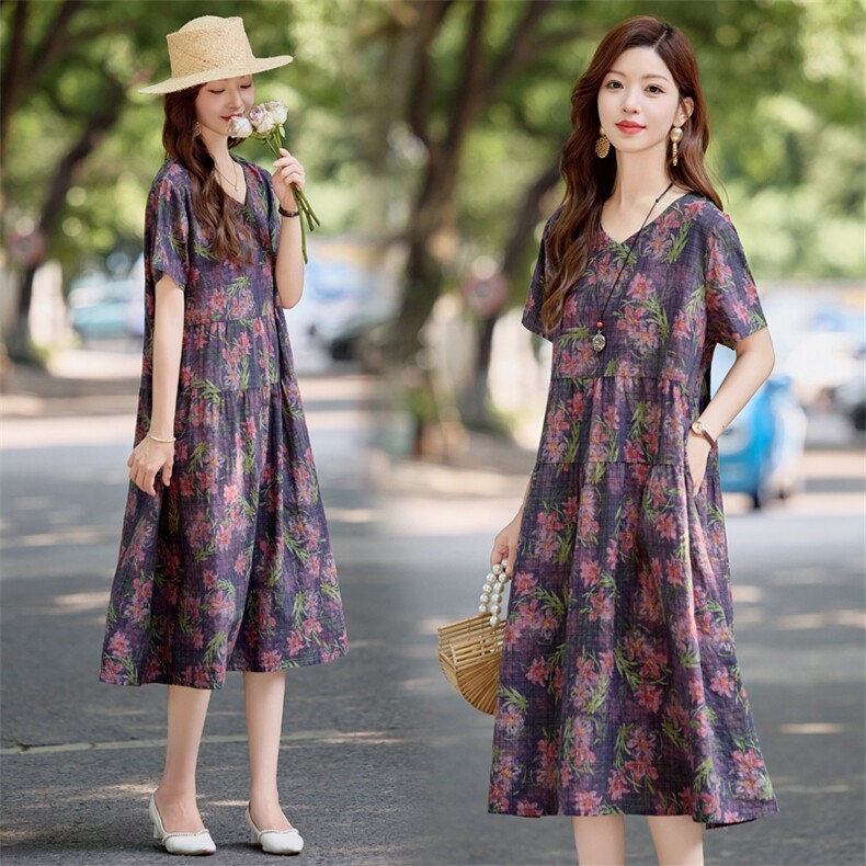 时尚洋气印花棉麻连衣裙女2025夏季新款宽松显瘦减龄休闲气质裙子，女装连衣裙，依万里