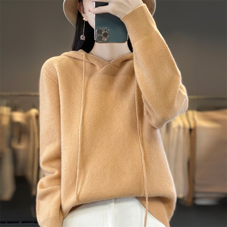 休闲连帽羊绒卫衣女秋冬宽松纯色百搭羊毛帽衫休闲针织上衣，女装羊毛衫，忠诺羊绒