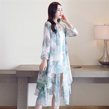 防晒衣女2021新款气质v领薄款雪纺衬衫复古印花中长款空调衫，女装蕾丝衫/雪纺衫，秀美人生