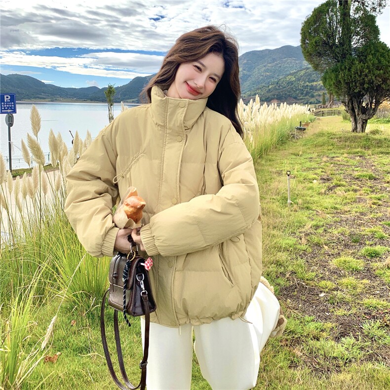 韩系学院风黄色立领羽绒服女冬季小个子白鸭绒宽松加厚外套面包服,女装羽绒服,维壹