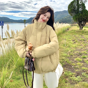 韩系学院风黄色立领羽绒服女冬季小个子白鸭绒宽松加厚外套面包服图片