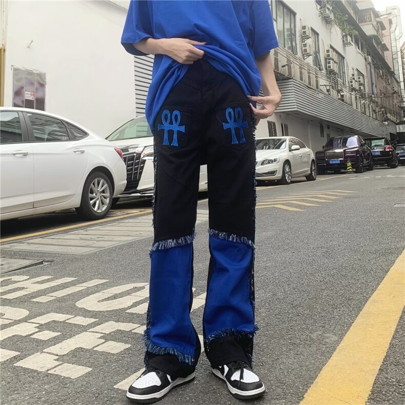流苏牛仔裤男潮流高街原宿风宽松毛边嘻哈长裤潮牌撞色BK78-P73图片