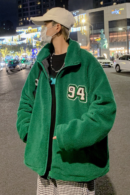 23秋冬港风羊羔毛夹克外套日系潮宽松休闲棒球服棉衣JK30/P100,男装夹克,钱塘713