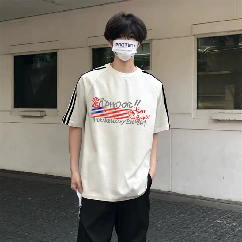 抖音得物高品质二开240克宽松纯棉美式潮牌三条杠织带短袖T恤图片