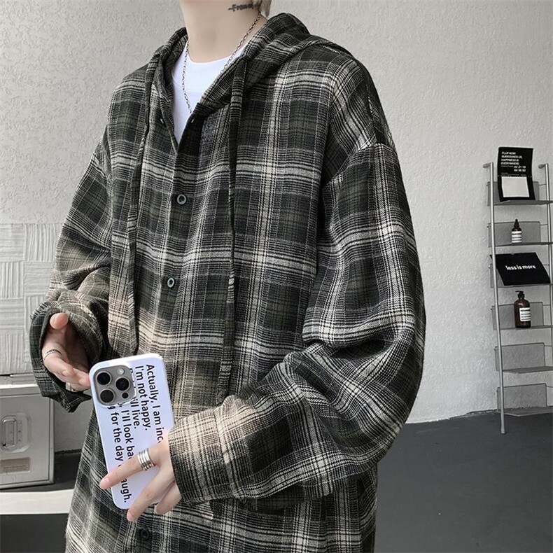 新款日系文艺休闲格子连帽大码长袖衬衫外套男C5535-特P38控75,男装衬衫,电商A001-1