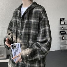 新款日系文艺休闲格子连帽大码长袖衬衫外套男C5535-特P38控75，男装衬衫，电商A001-1