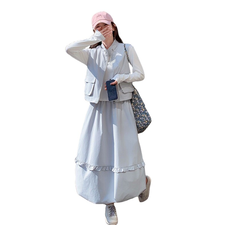 蓝色韩系学院风套装裙女春季2025新款减龄打底衣马甲半身裙三件套,女装套装/套裙,诺蝶
