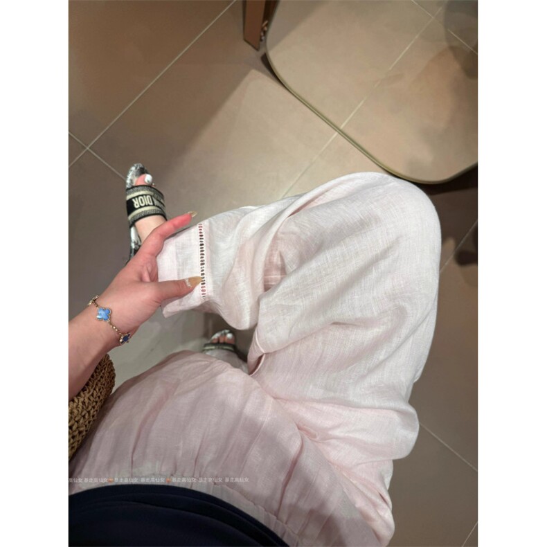 AK2161-P45美式亚麻温柔感宽松休闲系带松紧腰垂感直筒裤,女装休闲裤,星座617A-2