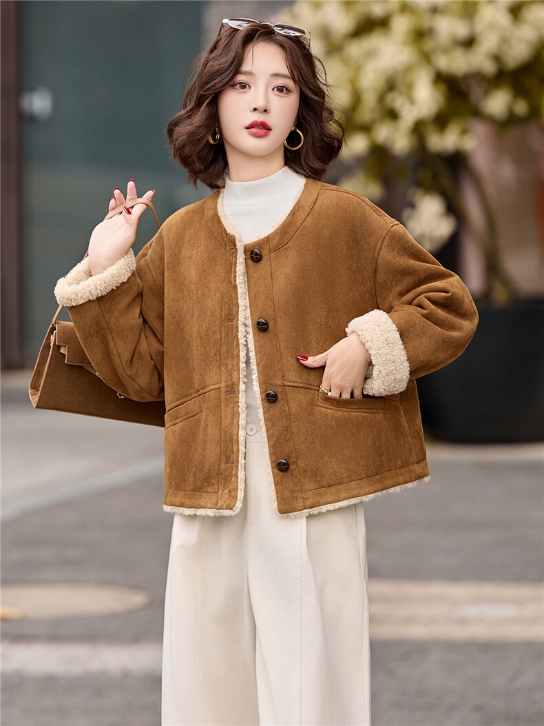 韩系高级感时尚百搭外套女2025冬季新款小个子皮毛一体羊羔毛,女装羊羔毛/颗粒绒,玖莱伊