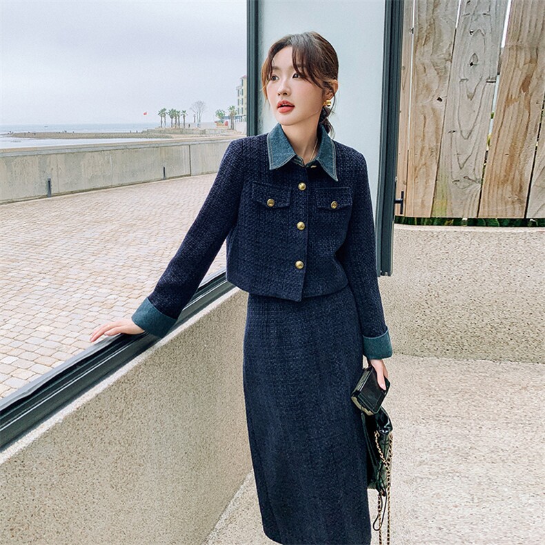 牛仔拼接小香风毛呢外套女2025春新款轻熟风时尚穿搭半身裙两件套,女装套装/套裙,2C316