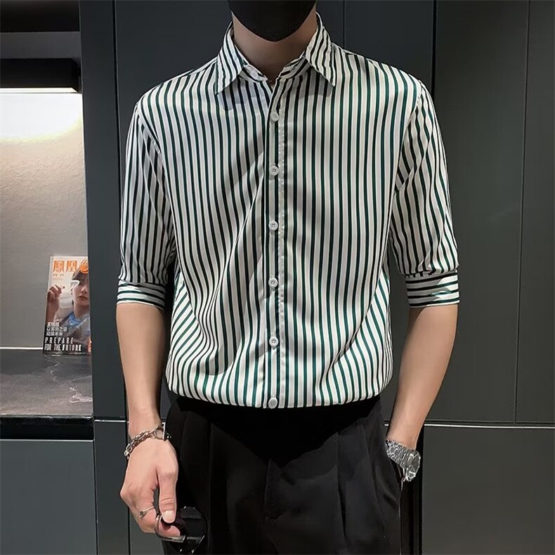 夏季男士衬衫修身中袖七分袖休闲发型师条纹衬衣个性上衣C3033,男装衬衫,星座1116A-2（原606A-1）