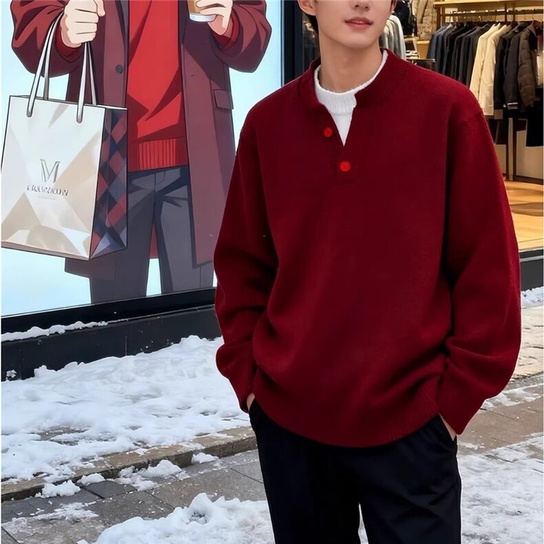 酒红色潮牌毛衣男冬季慵懒风高级感内搭针织衫红本命新年线衣,男装针织衫/毛衣,星座715-4