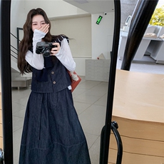 蓝色条纹披肩牛仔马甲半身裙套装三件套女2025早春秋韩里韩气穿搭，女装套装/套裙，2C307