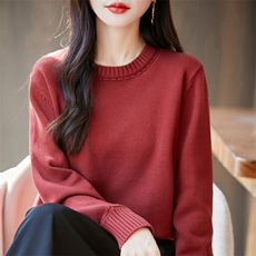 100%纯棉针织衫长袖毛衣女圆领纯色加厚棉麻上衣宽松百搭休闲打底，女装针织衫/毛衣，长今羊