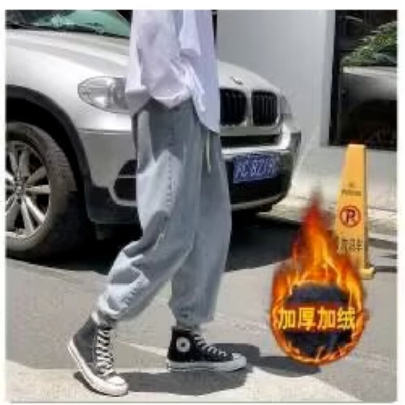 港风常规冬季休闲慵懒潮牌水洗青少年抽绳牛仔裤加绒长裤,男装牛仔裤,星座1210-1