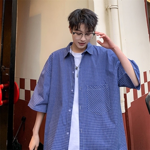 格子短袖衬衫男夏季新款港风宽松纯棉衬衣DX101-P35图片