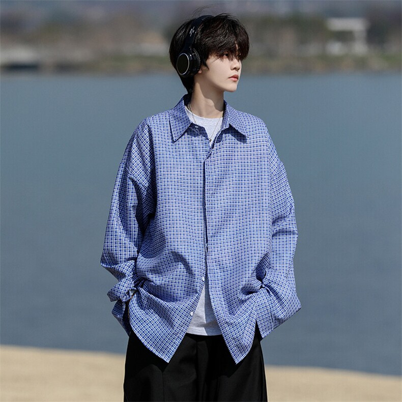 8XL-M长袖衬衫男夏季格子条纹衬衣宽松慵懒风防晒外套CS29005P45,男装衬衫,电商B312