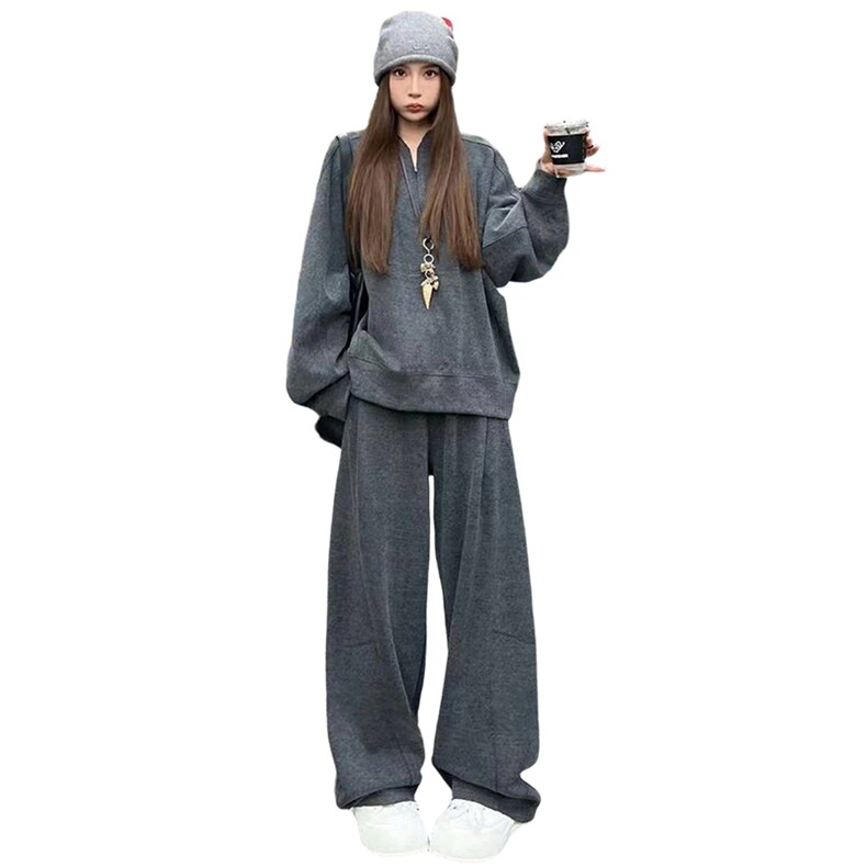 高级感时尚减龄纯色套装女秋季新款宽松显瘦圆领卫衣阔腿裤两件套,女装套装/套裙,2C310