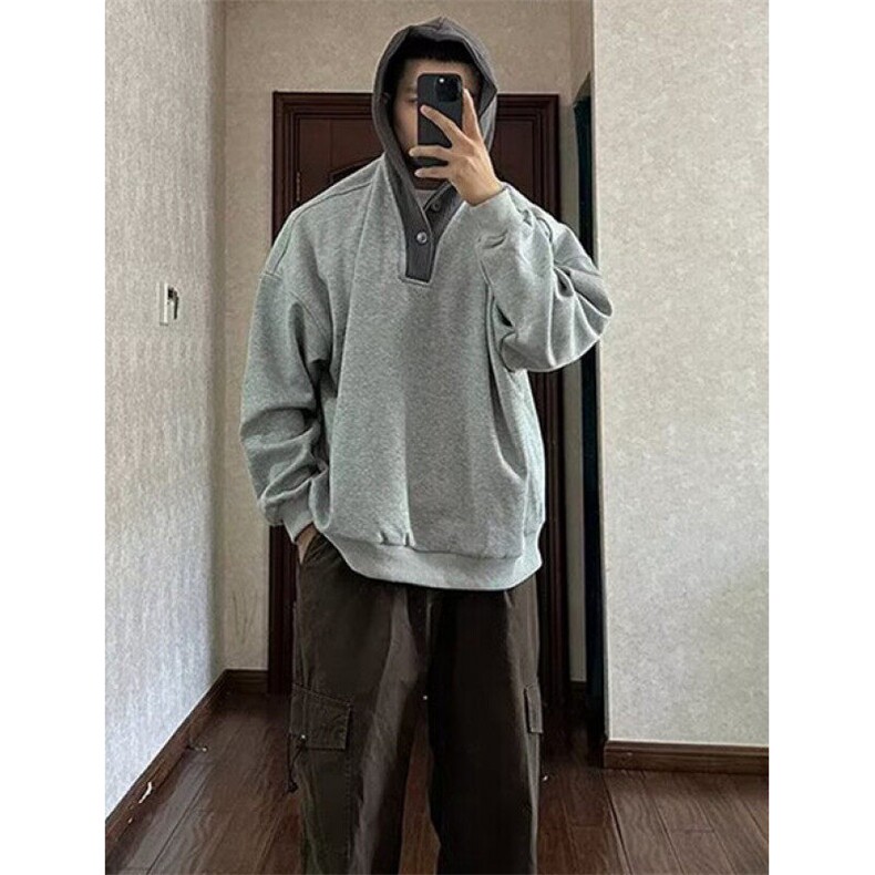 慵懒风V领连帽细节拼接华棉连帽卫衣男春秋季休闲帽衫外套W110,男装卫衣,星座1116A（原606A-3）