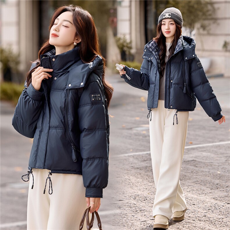 现货冬装新款简约时尚保暖休闲拼接连帽PU加厚棉服棉衣外套,女装棉衣/棉服,韩美纤衣