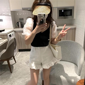 现货 夏款上衣欧根纱拼接针织图片