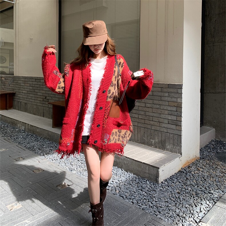 韩系chic独特设计红色针织衫外套女春秋超火好看高级小众开衫毛衣,针织衫/毛衣,2C010