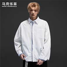 复古蓝假两件格子衬衫男春秋季韩版痞帅慵懒风宽松百搭衬衣外套，男装衬衫，星座506A