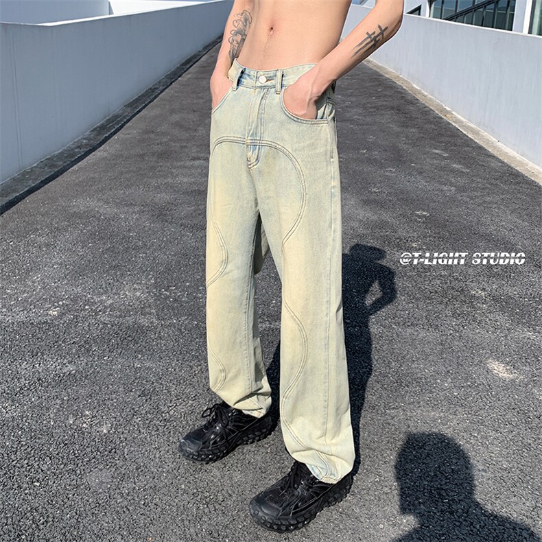 B221美式ins高街暗黑小众泥黄色休闲直筒牛仔裤LK23026-P60控78,男装牛仔裤,电商B221