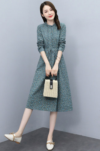 2021年秋季新款棉麻连衣裙印花小碎花裙子长袖棉麻裙子,女装连衣裙,欣贝拉