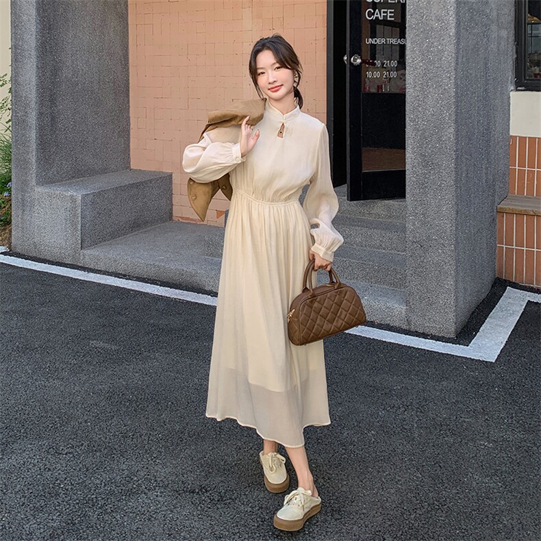 米白色长袖连衣裙春秋女2025新款气质高级感麂皮绒马甲,女装连衣裙,2C205
