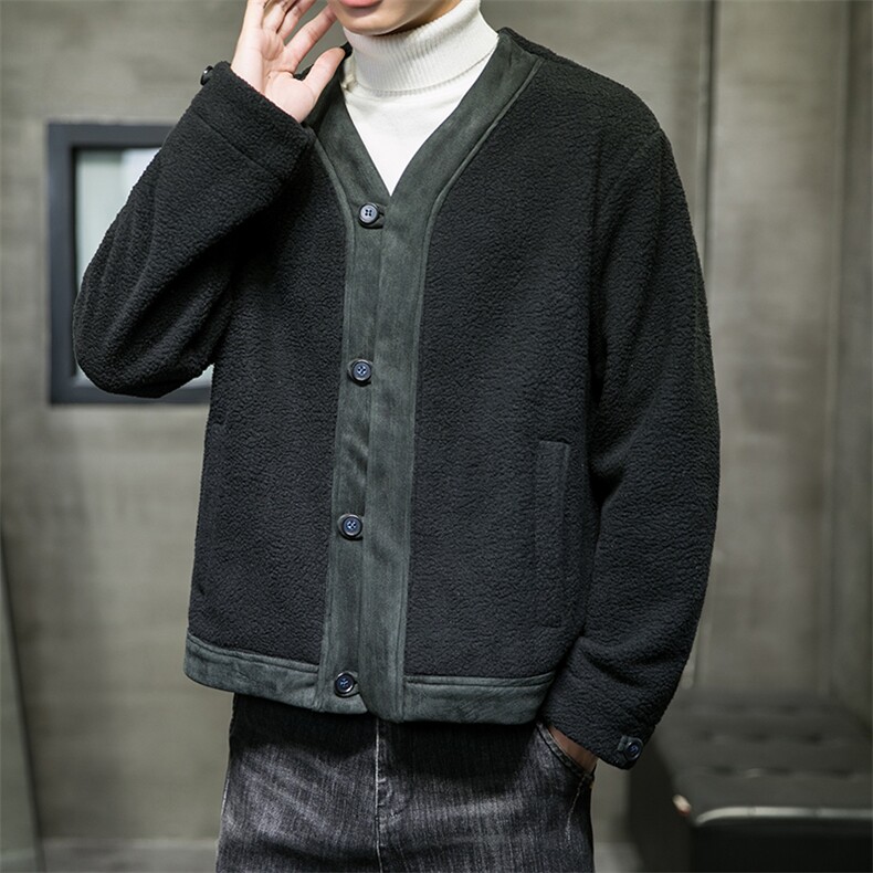 风羊羔毛摇粒绒麂皮绒拼接落肩道袍领开衫外套男 M701/P130图片